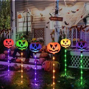 Upgraded 6-Pack Solar Halloween Pumpkin Garden Stake Lights for Halloween Decorations,Solar Halloween Yard Stake Outdoor Waterproof Halloween Lighted Pumpkin Lights for Garden Patio Yard Pathway Grave