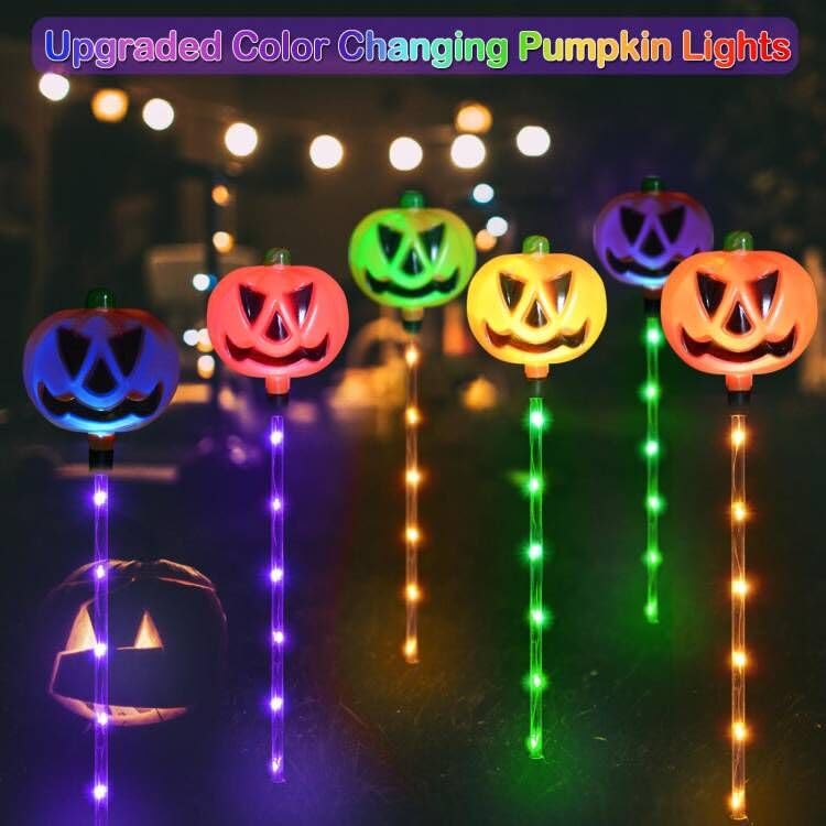 Upgraded 6-Pack Solar Halloween Pumpkin Garden Stake Lights for Halloween Decorations,Solar Halloween Yard Stake Outdoor Waterproof Halloween Lighted Pumpkin Lights for Garden Patio Yard Pathway Grave