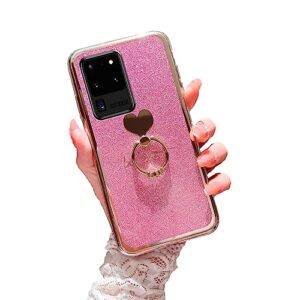 easyscen case for samsung galaxy s20 ultra (6.9-inch) girls women cute luxury glitter shiny sparkly shell with ring stand heart slim soft shockproof protective phone cover for galaxy s20 ultra - pink