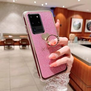 Easyscen Case for Samsung Galaxy S20 Ultra (6.9-inch) Girls Women Cute Luxury Glitter Shiny Sparkly Shell with Ring Stand Heart Slim Soft Shockproof Protective Phone Cover for Galaxy S20 Ultra - Pink