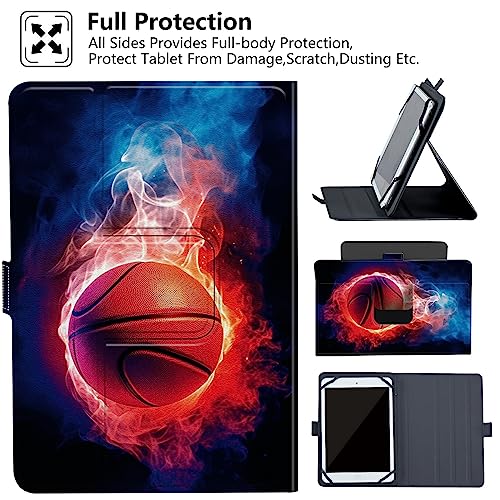 6 7 Inch Tablet Case,Universal Case for 6-7 Inch Tablet eReader,7" Kindle Series e-Reader Tablet Stand Folio Shell Cover with 360 Degree Rotatable Kickstand Multiple Viewing,Water Fire Basketballs