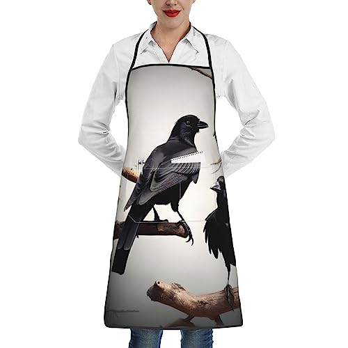 FRESQA Black Crow Birds On A Branch Aprons For Women With Pockets,Waterproof Durable Cooking,Kitchen,Server,Chef Apron