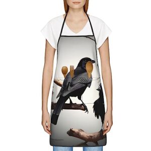 FRESQA Black Crow Birds On A Branch Aprons For Women With Pockets,Waterproof Durable Cooking,Kitchen,Server,Chef Apron