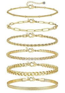 6pcs gold chain bracelet sets for women, 14k gold plated bracelets for girls, jewelry bracelets set for gifts, cuba paperclip link bracelets set, adjustable bracelets with rhinestone pendant, 7.09'' and 1.9'' extension