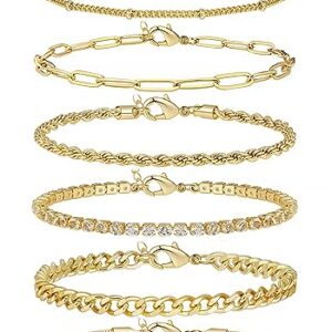 6Pcs Gold Chain Bracelet Sets for Women, 14K Gold Plated Bracelets for Girls, Jewelry Bracelets Set for Gifts, Cuba Paperclip Link Bracelets Set, Adjustable Bracelets with Rhinestone Pendant, 7.09'' and 1.9'' Extension