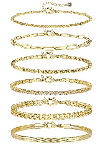 6Pcs Gold Chain Bracelet Sets for Women, 14K Gold Plated Bracelets for Girls, Jewelry Bracelets Set for Gifts, Cuba Paperclip Link Bracelets Set, Adjustable Bracelets with Rhinestone Pendant, 7.09'' and 1.9'' Extension