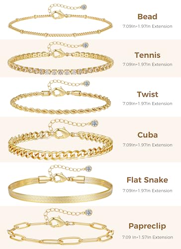 6Pcs Gold Chain Bracelet Sets for Women, 14K Gold Plated Bracelets for Girls, Jewelry Bracelets Set for Gifts, Cuba Paperclip Link Bracelets Set, Adjustable Bracelets with Rhinestone Pendant, 7.09'' and 1.9'' Extension