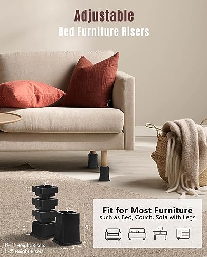 Affogato Bed Risers (Pack of 16) Adjustable Furniture Risers Lift Heights 2, 3, 4 or 5 Inch Heavy Duty Lifts Up to 5,000 lbs Bed Lifts Risers for Bed Frame Sofa Couch Desk and Table, Black