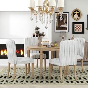 merax round dining room table and chairs set of 4 farmhouse rustic round dining table set 5 piece wood kitchen table and 4 upholstered chairs with striped fabric for dining room