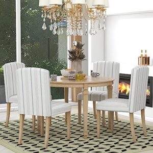 Merax Round Dining Room Table and Chairs Set of 4 Farmhouse Rustic Round Dining Table Set 5 Piece Wood Kitchen Table and 4 Upholstered Chairs with Striped Fabric for Dining Room