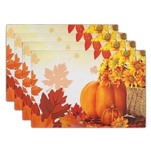 pumpkin placemats set of 4 fall leaves sunflowers washable non-slip heat resistant 12×18 inch thick linen place mats autumn harvest thanksgiving festival decorative fabric table mat for dining table