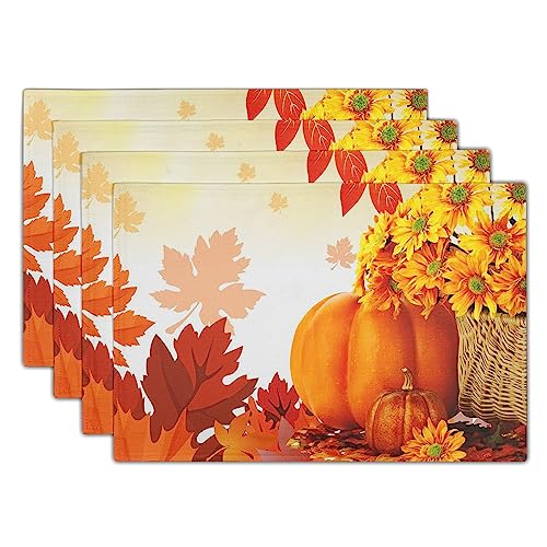 Pumpkin Placemats Set of 4 Fall Leaves Sunflowers Washable Non-Slip Heat Resistant 12×18 Inch Thick Linen Place Mats Autumn Harvest Thanksgiving Festival Decorative Fabric Table Mat for Dining Table