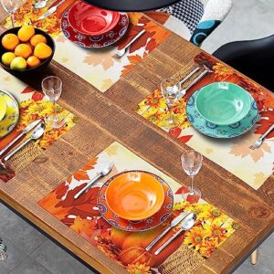 Pumpkin Placemats Set of 4 Fall Leaves Sunflowers Washable Non-Slip Heat Resistant 12×18 Inch Thick Linen Place Mats Autumn Harvest Thanksgiving Festival Decorative Fabric Table Mat for Dining Table