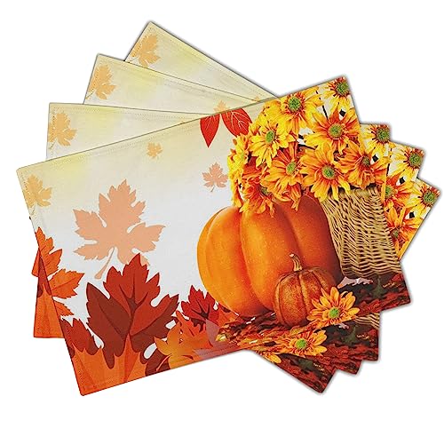 Pumpkin Placemats Set of 4 Fall Leaves Sunflowers Washable Non-Slip Heat Resistant 12×18 Inch Thick Linen Place Mats Autumn Harvest Thanksgiving Festival Decorative Fabric Table Mat for Dining Table