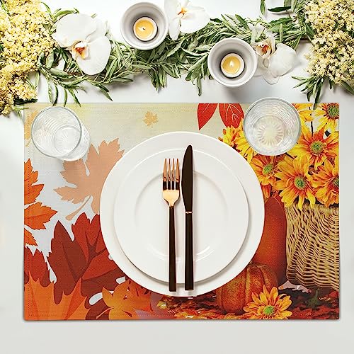 Pumpkin Placemats Set of 4 Fall Leaves Sunflowers Washable Non-Slip Heat Resistant 12×18 Inch Thick Linen Place Mats Autumn Harvest Thanksgiving Festival Decorative Fabric Table Mat for Dining Table