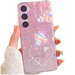 yelovehaw for samsung galaxy s23 phone case for women girls, glitter pink purple colorful pearly-lustre shell, cute heart-shaped pattern, slim protective cover for samsung s23 6.1 (white hearts)