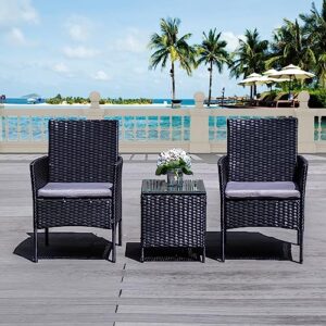 paiqian 3 pieces patio pe rattan wicker chairs with table outdoor bistro conversation sets garden furniture for yard backyard lawn porch poolside balcony, black/grey