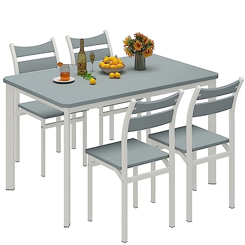 AWQM Dining Table Set for 4, 5 Piece Kitchen Table and Chairs Set for 4 People, Modern Wooden Dining Table with Backrest Chair for Dining Room Kitchen Breakfast Nook, Grey