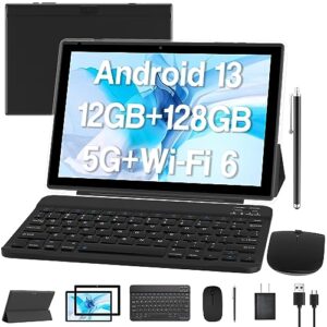 2023 newest android 13 tablet 10 inch, 12gb ram 128gb rom/1tb expandable tablet pc, 2 in 1 tablets with keyboard, quad-core 2.0ghz cpu hd screen, google certified 5g wifi 6 bt 5.0, 8mp camera tableta