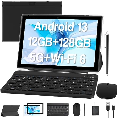 2023 Newest Android 13 Tablet 10 Inch, 12GB RAM 128GB ROM/1TB Expandable Tablet PC, 2 in 1 Tablets with Keyboard, Quad-Core 2.0GHz CPU HD Screen, Google Certified 5G WiFi 6 BT 5.0, 8MP Camera Tableta