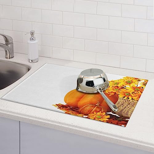 Autumn Pumpkins Sunflowers Absorbent Microfiber Dish Drying Mat Microfiber Quick Dry Pad for Kitchen Counter Coffee Bar Washing Dishes 18x24in