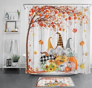 fall gnome shower curtain thanksgiving harvest pumpkin sunflower and autumn maple leaf shower curtain farmhouse vintage fabric shower curtain set for bathroom with bath mat and hooks,72x72 inches