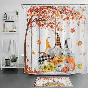 Fall Gnome Shower Curtain Thanksgiving Harvest Pumpkin Sunflower and Autumn Maple Leaf Shower Curtain Farmhouse Vintage Fabric Shower Curtain Set for Bathroom with Bath Mat and Hooks,72x72 inches
