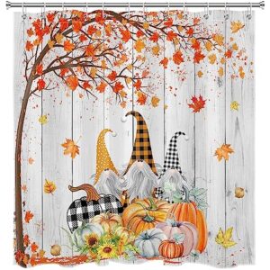 Fall Gnome Shower Curtain Thanksgiving Harvest Pumpkin Sunflower and Autumn Maple Leaf Shower Curtain Farmhouse Vintage Fabric Shower Curtain Set for Bathroom with Bath Mat and Hooks,72x72 inches