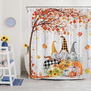 Fall Gnome Shower Curtain Thanksgiving Harvest Pumpkin Sunflower and Autumn Maple Leaf Shower Curtain Farmhouse Vintage Fabric Shower Curtain Set for Bathroom with Bath Mat and Hooks,72x72 inches