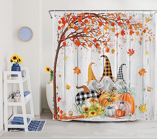Fall Gnome Shower Curtain Thanksgiving Harvest Pumpkin Sunflower and Autumn Maple Leaf Shower Curtain Farmhouse Vintage Fabric Shower Curtain Set for Bathroom with Bath Mat and Hooks,72x72 inches