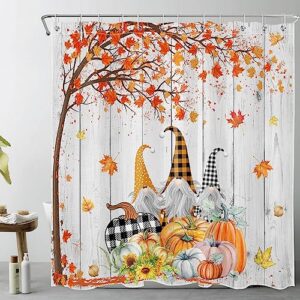 Fall Gnome Shower Curtain Thanksgiving Harvest Pumpkin Sunflower and Autumn Maple Leaf Shower Curtain Farmhouse Vintage Fabric Shower Curtain Set for Bathroom with Bath Mat and Hooks,72x72 inches