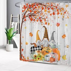 Fall Gnome Shower Curtain Thanksgiving Harvest Pumpkin Sunflower and Autumn Maple Leaf Shower Curtain Farmhouse Vintage Fabric Shower Curtain Set for Bathroom with Bath Mat and Hooks,72x72 inches