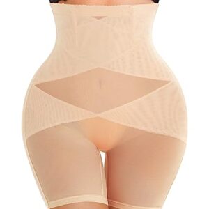 Nebility Women Butt Lifter Shapewear Hi-Waist Double Tummy Control Panty Waist Trainer Body Shaper (L, Beige-Mid Thigh)