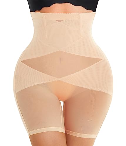 Nebility Women Butt Lifter Shapewear Hi-Waist Double Tummy Control Panty Waist Trainer Body Shaper (L, Beige-Mid Thigh)