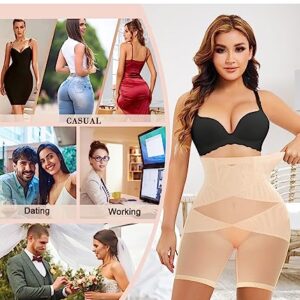 Nebility Women Butt Lifter Shapewear Hi-Waist Double Tummy Control Panty Waist Trainer Body Shaper (L, Beige-Mid Thigh)