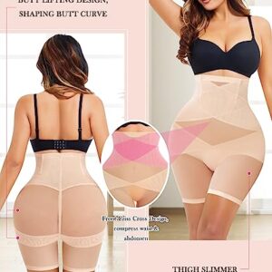 Nebility Women Butt Lifter Shapewear Hi-Waist Double Tummy Control Panty Waist Trainer Body Shaper (L, Beige-Mid Thigh)