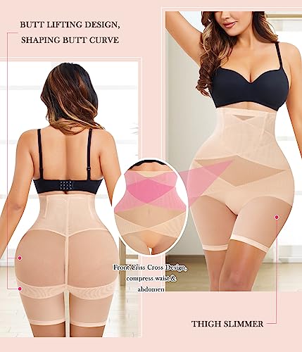 Nebility Women Butt Lifter Shapewear Hi-Waist Double Tummy Control Panty Waist Trainer Body Shaper (L, Beige-Mid Thigh)