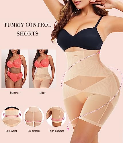 Nebility Women Butt Lifter Shapewear Hi-Waist Double Tummy Control Panty Waist Trainer Body Shaper (L, Beige-Mid Thigh)