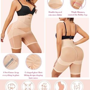 Nebility Women Butt Lifter Shapewear Hi-Waist Double Tummy Control Panty Waist Trainer Body Shaper (L, Beige-Mid Thigh)