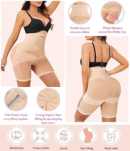 Nebility Women Butt Lifter Shapewear Hi-Waist Double Tummy Control Panty Waist Trainer Body Shaper (L, Beige-Mid Thigh)