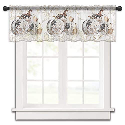 Chiffon Window Valance Kitchen Curtains Fall Thanksgiving Pumpkin Gold Foil,Rod Pocket Tier Curtain Light Filter Panel,Farm Floral Golden Leaf White Windows Valances Drapes for Bedroom 54x18In