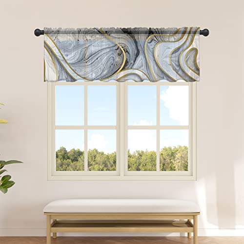 Chees D Zone Chiffon Window Valance Kitchen Curtains White Gray Abstract Marble,Rod Pocket Tier Curtain Light Filter Panel,Gold Foil Line Art Windows Valances Drapes for Bedroom,Bathroom 54x18In