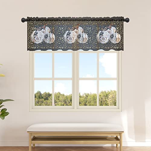 Chiffon Window Valance Kitchen Curtains Fall Thanksgiving Pumpkin Black,Rod Pocket Tier Curtain Light Filter Panel,White Floral Gold Leaves Windows Valances Drapes for Bedroom,Bathroom 54x18In