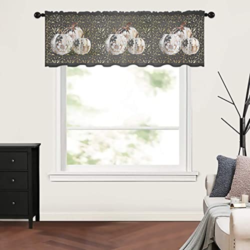 Chiffon Window Valance Kitchen Curtains Fall Thanksgiving Pumpkin Black,Rod Pocket Tier Curtain Light Filter Panel,White Floral Gold Leaves Windows Valances Drapes for Bedroom,Bathroom 54x18In