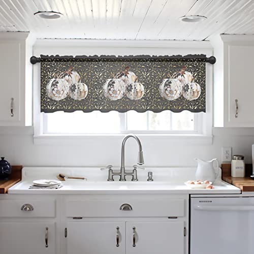 Chiffon Window Valance Kitchen Curtains Fall Thanksgiving Pumpkin Black,Rod Pocket Tier Curtain Light Filter Panel,White Floral Gold Leaves Windows Valances Drapes for Bedroom,Bathroom 54x18In