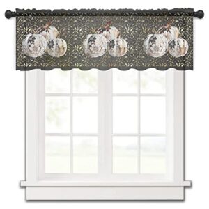 Chiffon Window Valance Kitchen Curtains Fall Thanksgiving Pumpkin Black,Rod Pocket Tier Curtain Light Filter Panel,White Floral Gold Leaves Windows Valances Drapes for Bedroom,Bathroom 54x18In