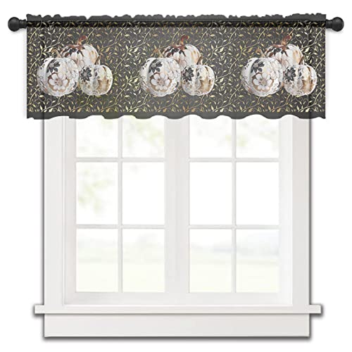 Chiffon Window Valance Kitchen Curtains Fall Thanksgiving Pumpkin Black,Rod Pocket Tier Curtain Light Filter Panel,White Floral Gold Leaves Windows Valances Drapes for Bedroom,Bathroom 54x18In