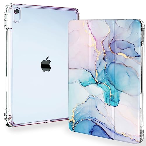 iPad Air 5th Generation case, Feams Slim Trifold iPad Air 5th/4th Generation 10.9 Inch 2022/2020 Case Clear Back Cover with Auto Sleep/Wake & Pencil Holder for iPad Air 5/4, Watercolor Marble