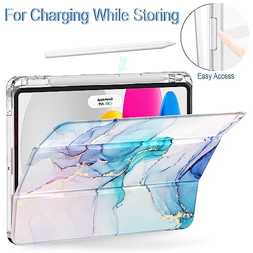 iPad Air 5th Generation case, Feams Slim Trifold iPad Air 5th/4th Generation 10.9 Inch 2022/2020 Case Clear Back Cover with Auto Sleep/Wake & Pencil Holder for iPad Air 5/4, Watercolor Marble