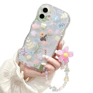 aitipy compatible with iphone 11 case, cute colorful flower print with lovely flower bracelet chain, wave border clear phone case, soft tpu shockproof protective case for women girls
